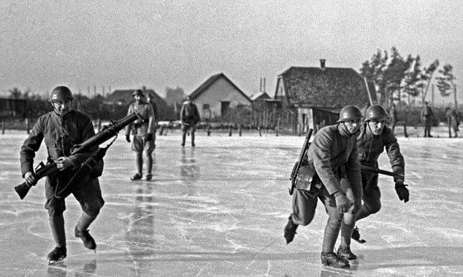 Dutch soldiers training ice skates world war II